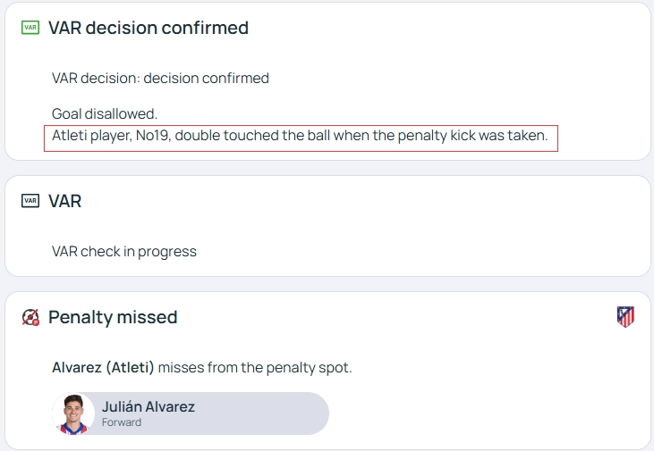  官方明确！欧冠官网：阿尔瓦雷斯罚点时2次触球，VAR决定进球无效